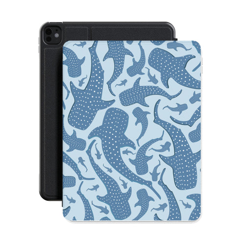 Blue whale shark iPad case shown with an iPad