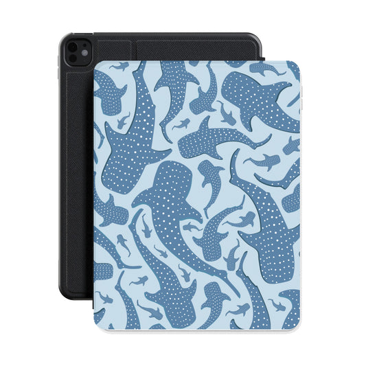 Blue whale shark iPad case shown with an iPad