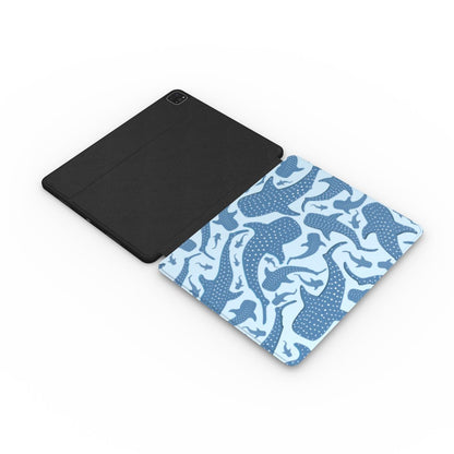 Blue whale shark iPad case open, showing the printed front and black back