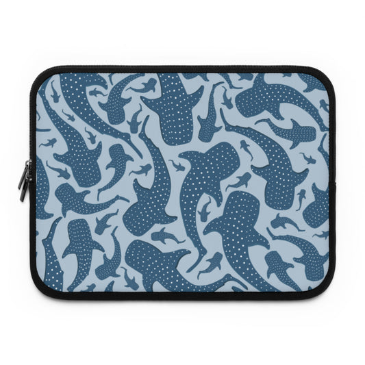Blue Whale Shark laptop sleeve front with spotted sharks on pale blue