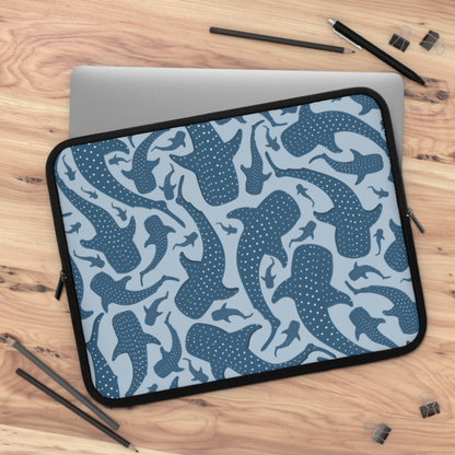 Blue Whale Shark laptop sleeve unzipped showing the padded interior