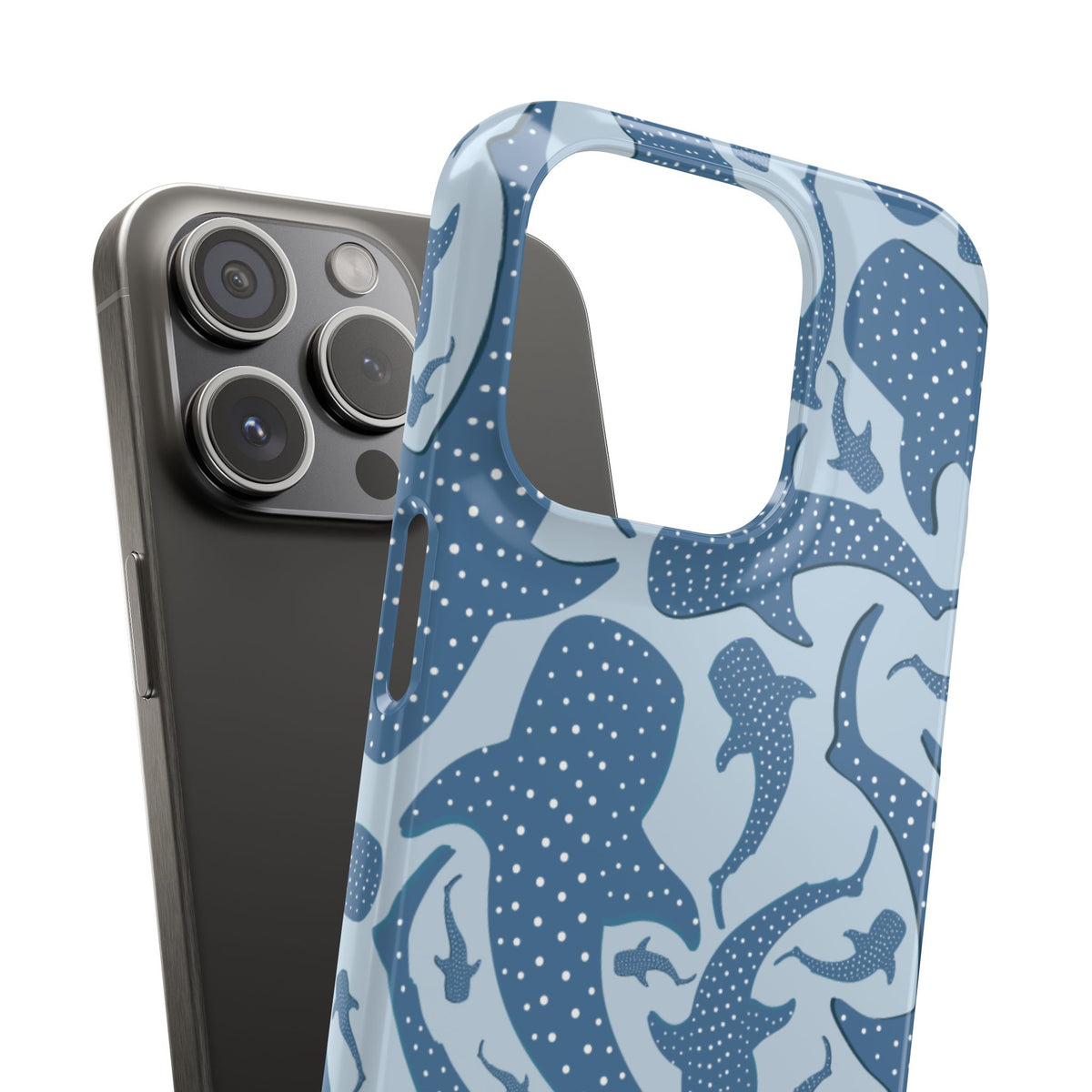 Back and side of the slim Blue Whale Shark snap phone case