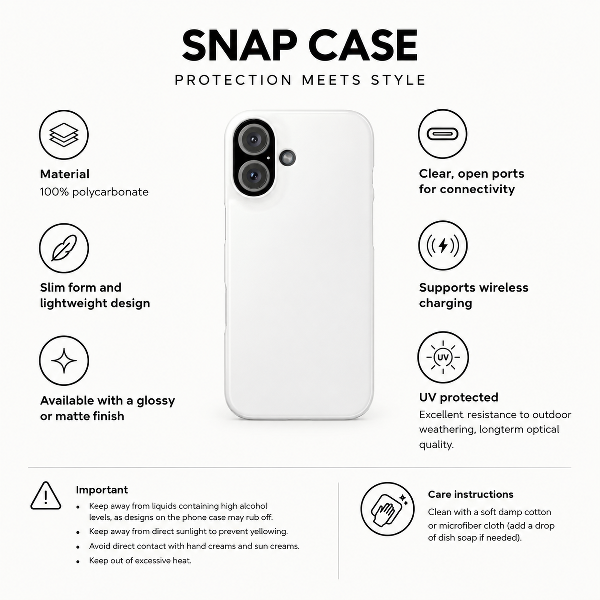 Snap phone case size and compatibility information card
