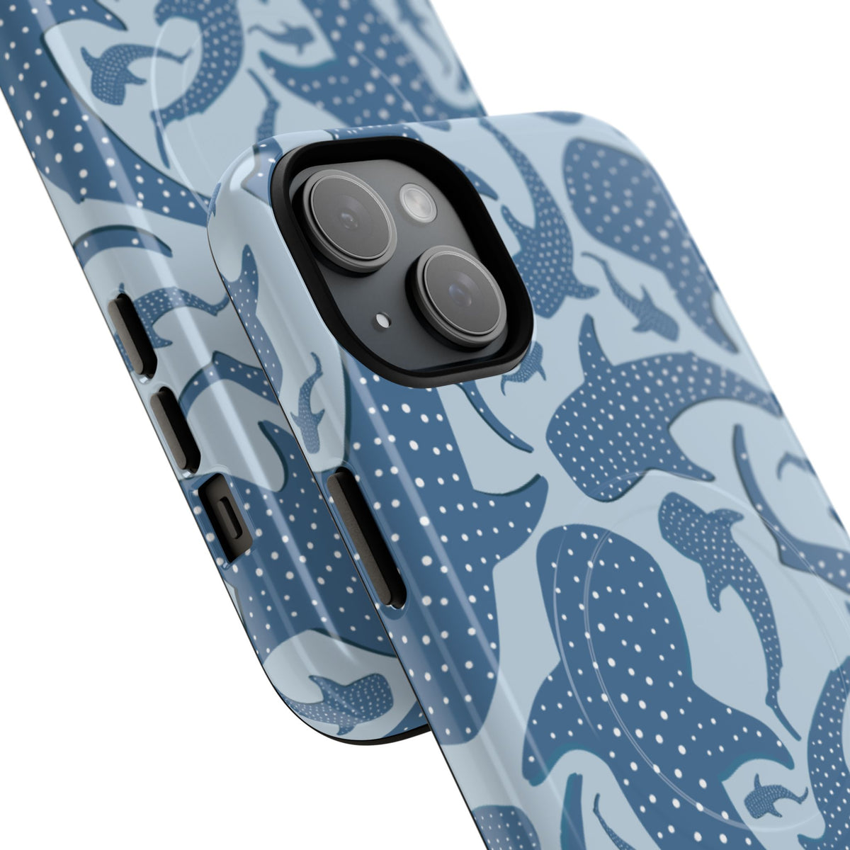 Blue whale shark tough magnetic phone case angled close-up showing back and side