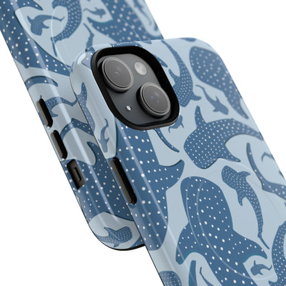 Blue whale shark tough magnetic phone case angled close-up showing back and side