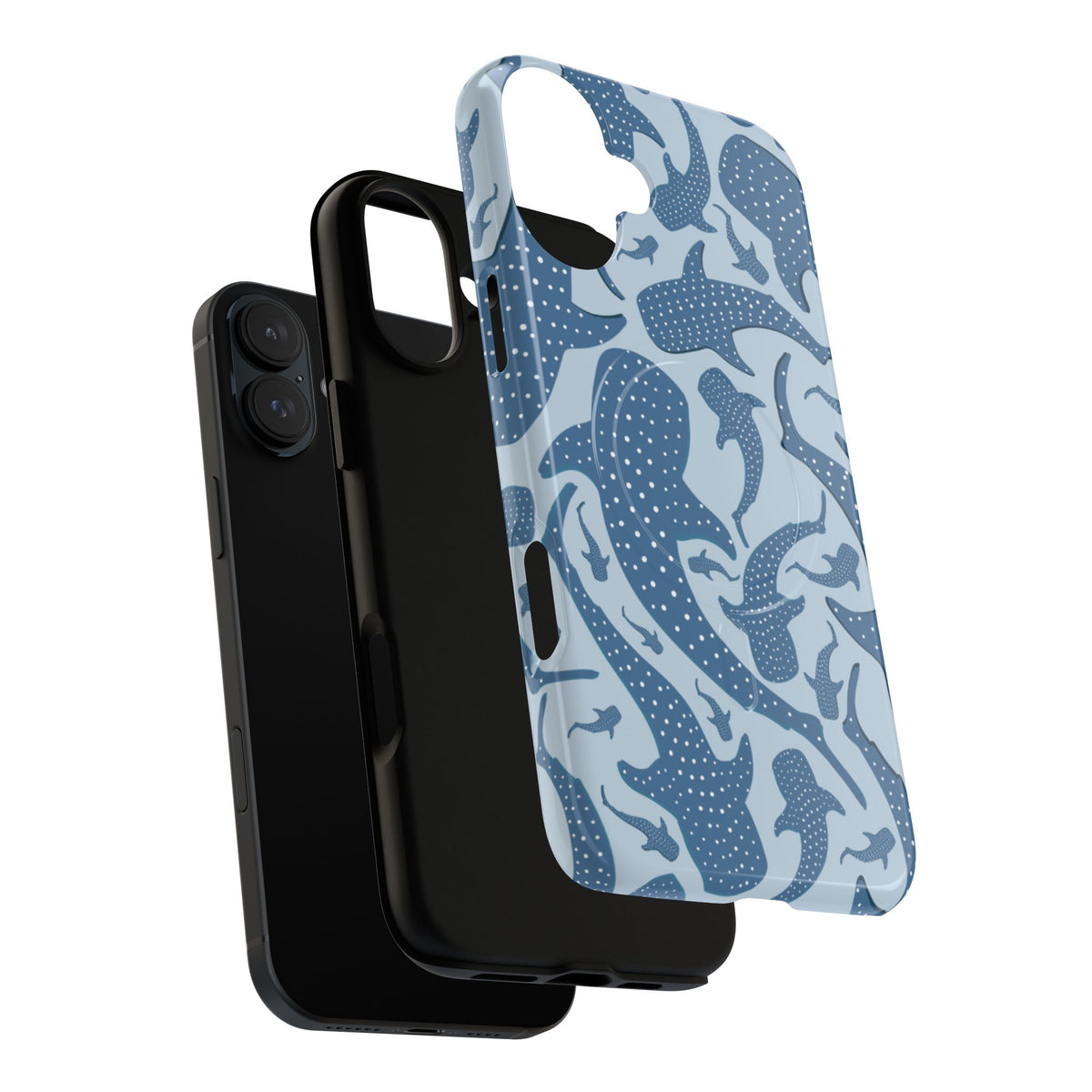 Blue whale shark tough magnetic phone case shown next to the phone