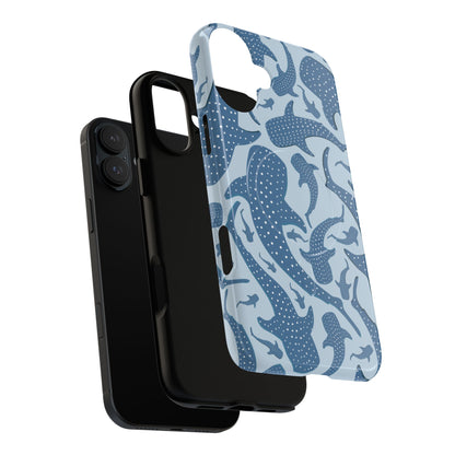Blue whale shark tough magnetic phone case shown next to the phone