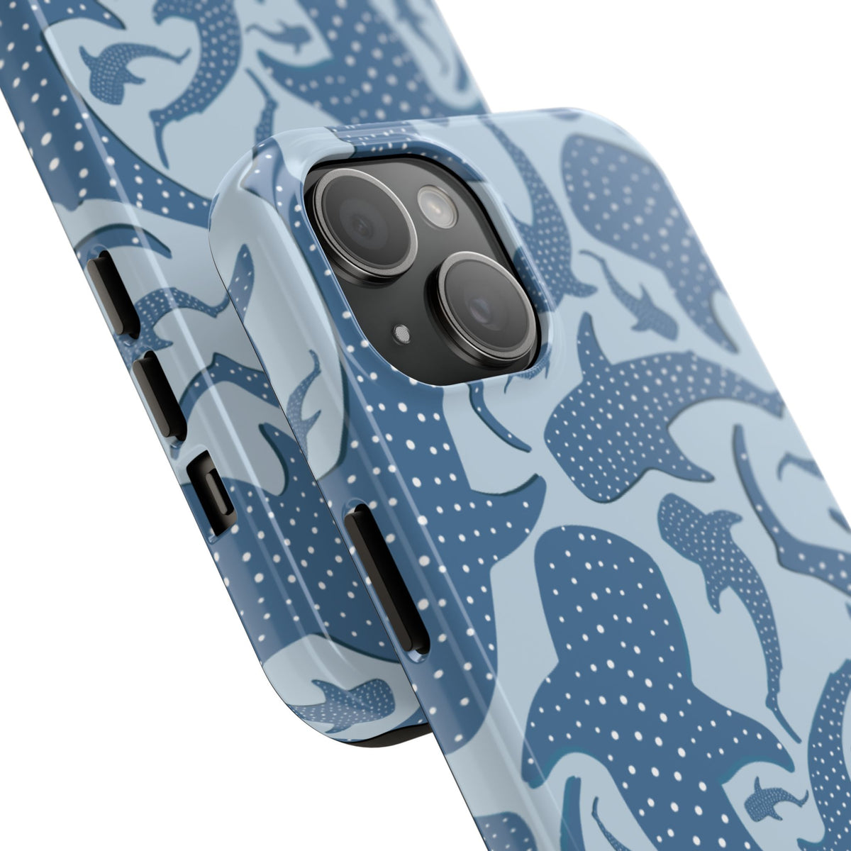 Close-up of the camera cutout on the Blue Whale Shark tough phone case