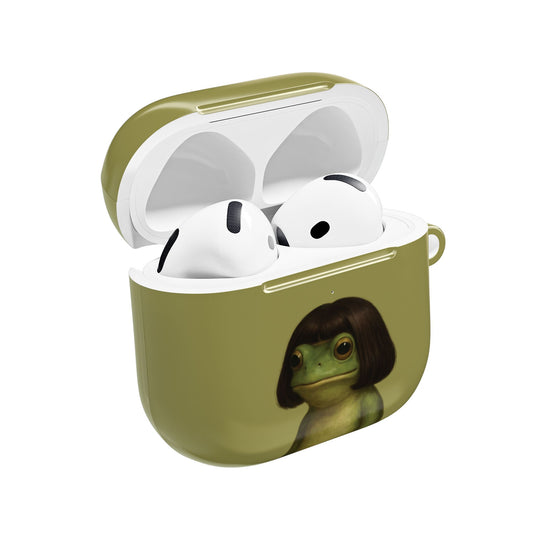 Bob Cut Frog AirPods case open with earbuds inside