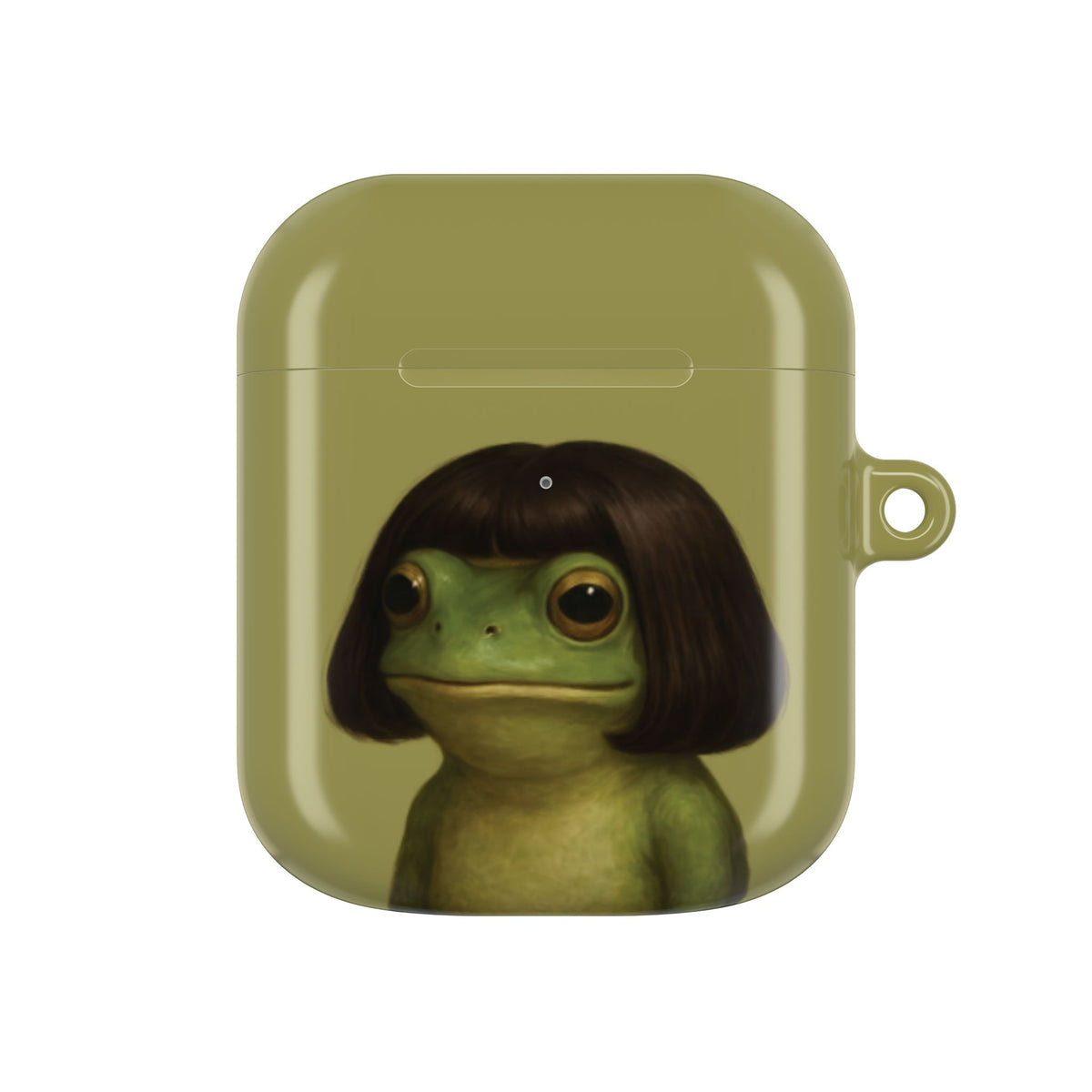 Bob Cut Frog AirPods case held in hand while taking out an earbud