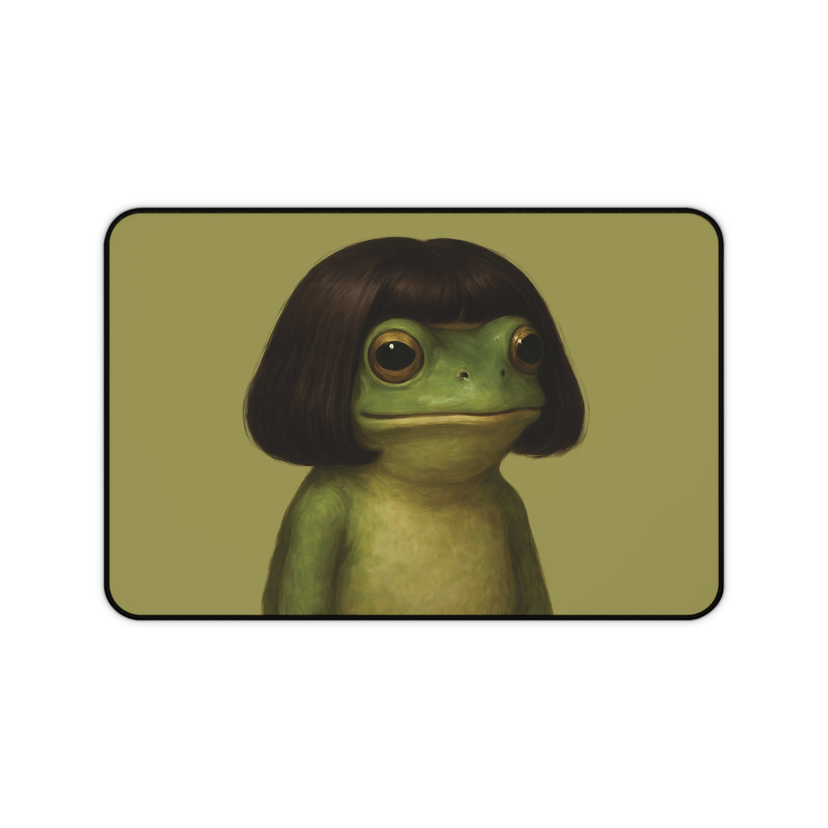 Bob Cut Frog desk mat with the frog portrait on olive green