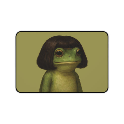 Bob Cut Frog desk mat with the frog portrait on olive green