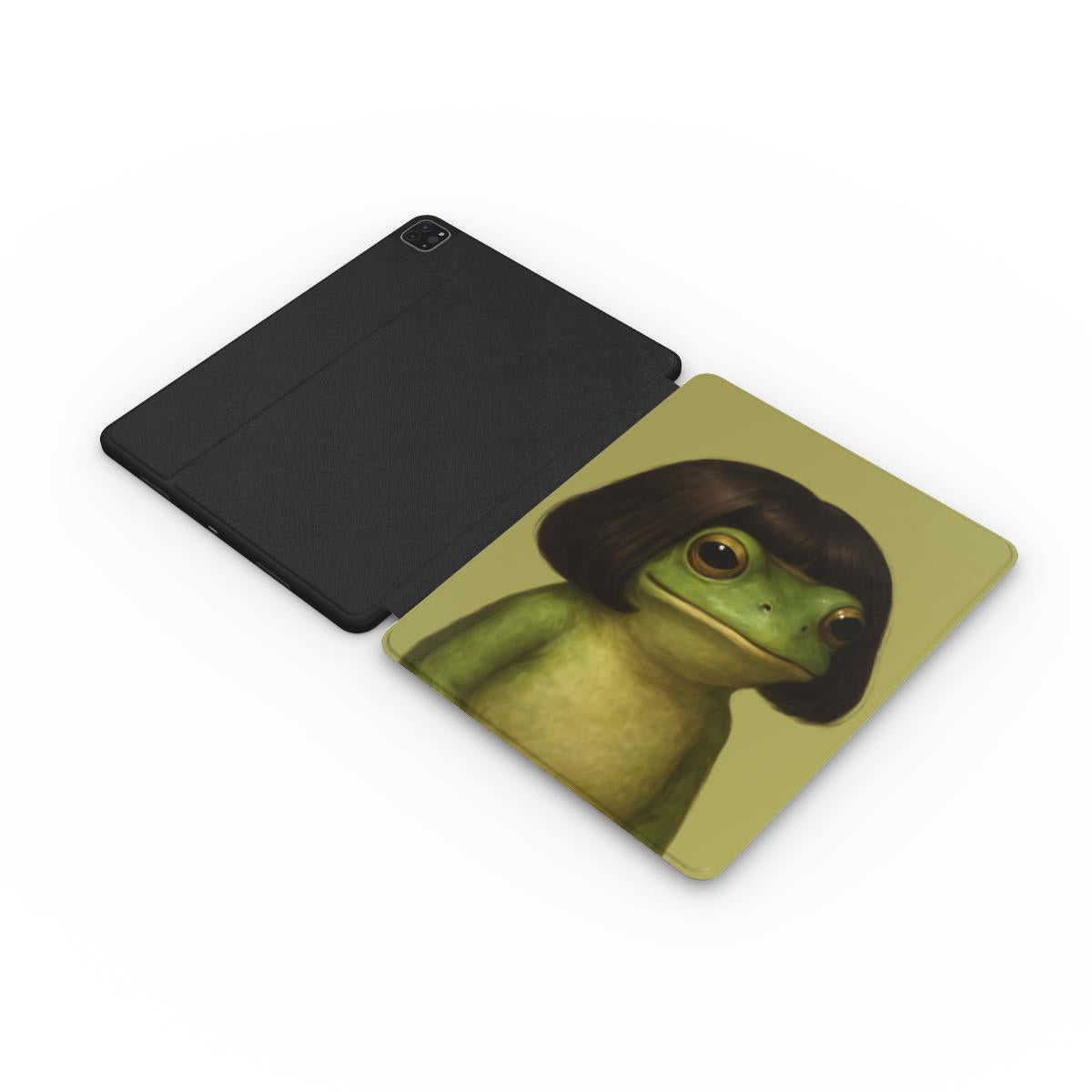Bob Cut Frog iPad case open, showing the printed front and black back