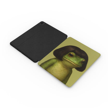 Bob Cut Frog iPad case open, showing the printed front and black back