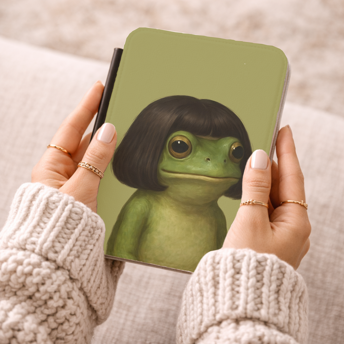 Bob Cut Frog Kindle case held while reading