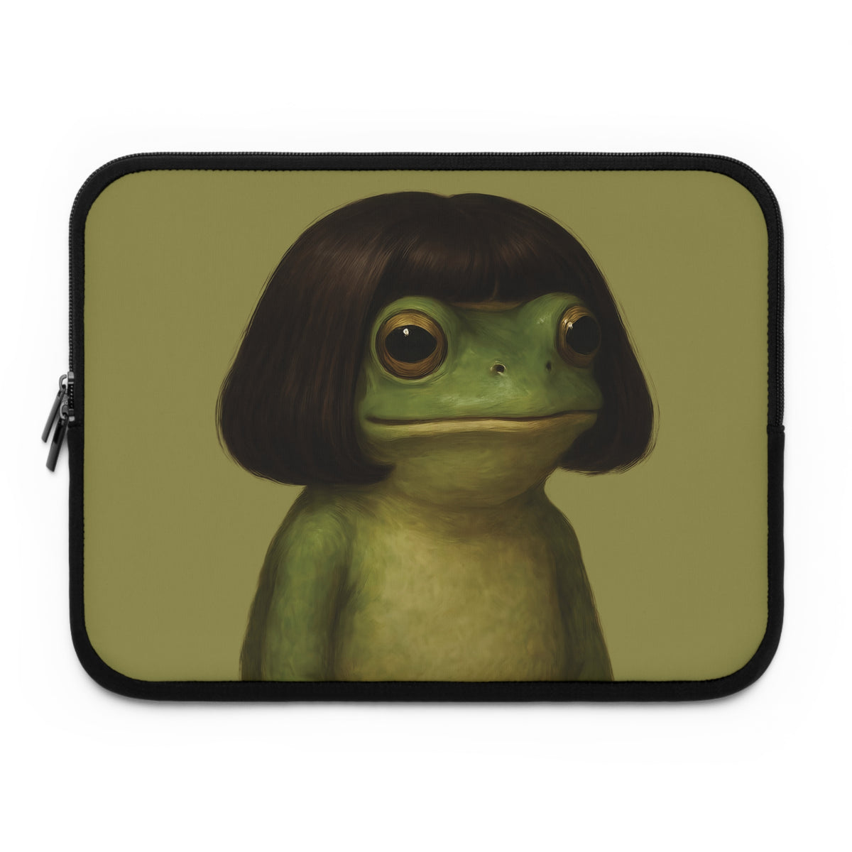 Bob Cut Frog laptop sleeve front with the frog portrait on olive