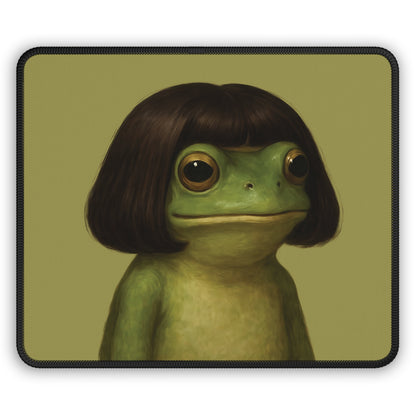 Bob Cut Frog mouse mat with the frog portrait on olive green