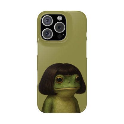 Bob Cut Frog snap phone case, back view with the frog portrait on olive