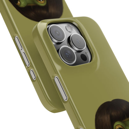 Close-up of the Bob Cut Frog snap phone case around the camera