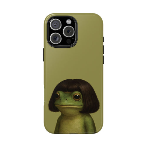 Bob Cut Frog tough phone case with the frog portrait on olive