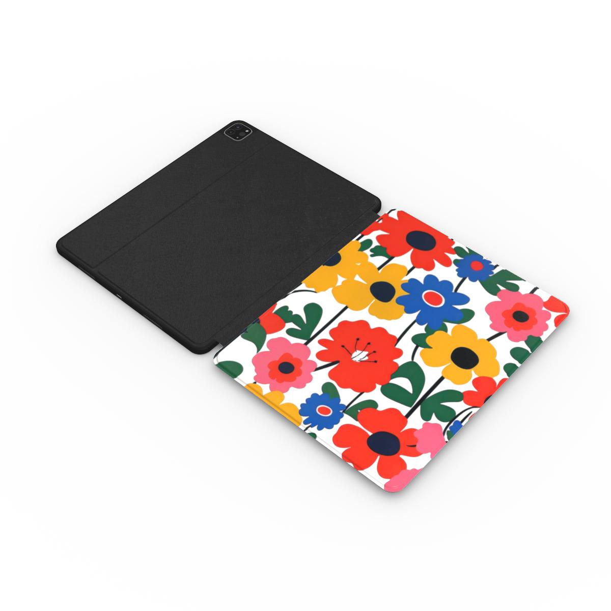 Bold Scandi Floral iPad case opened flat showing the printed front and black inside