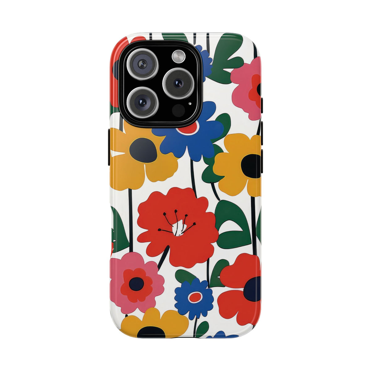 Bold Scandi Floral tough phone case back view with red, yellow and blue flowers
