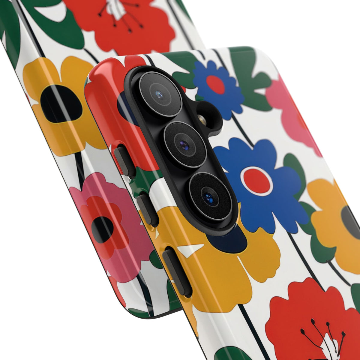 Close-up of the camera cutout on the Bold Scandi Floral tough phone case