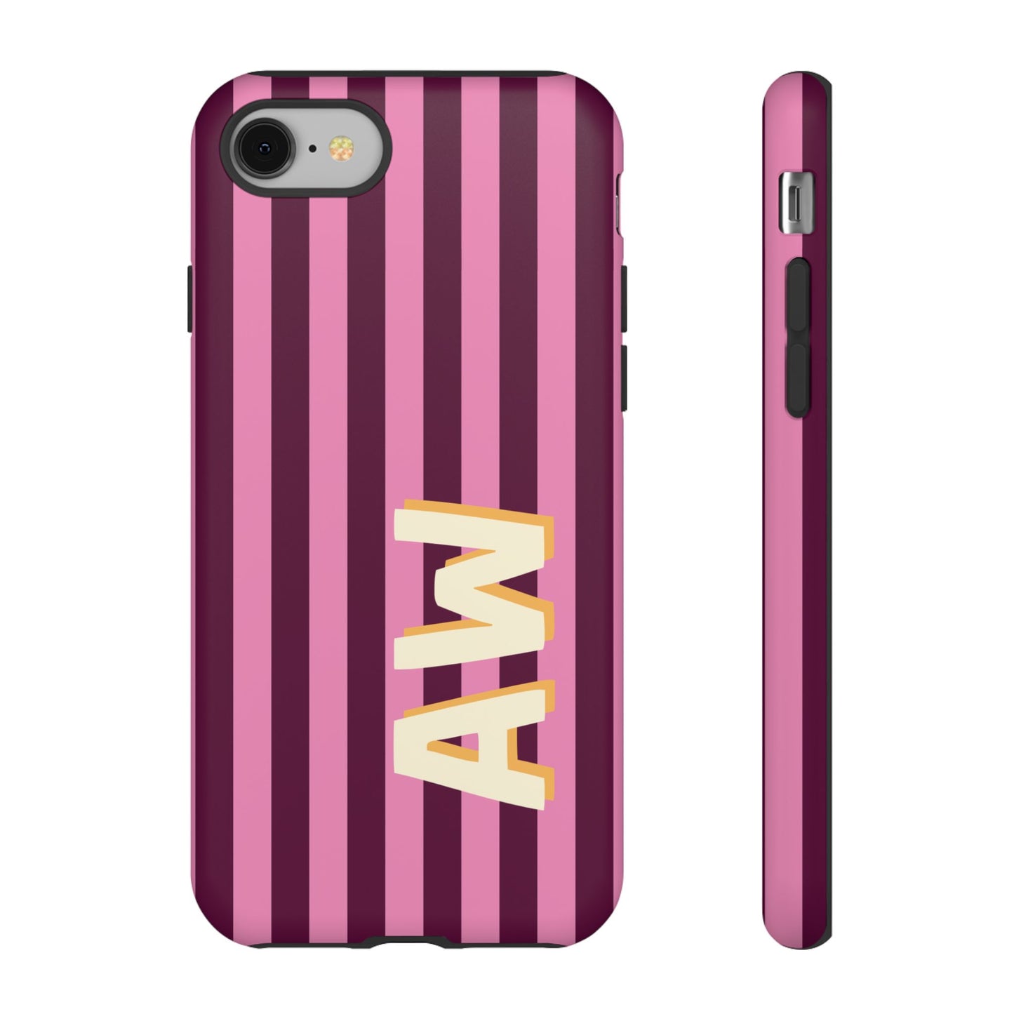 Personalized cream initials on a pink striped monogram phone case