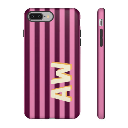 Retro striped monogram phone case in plum, rose and cream