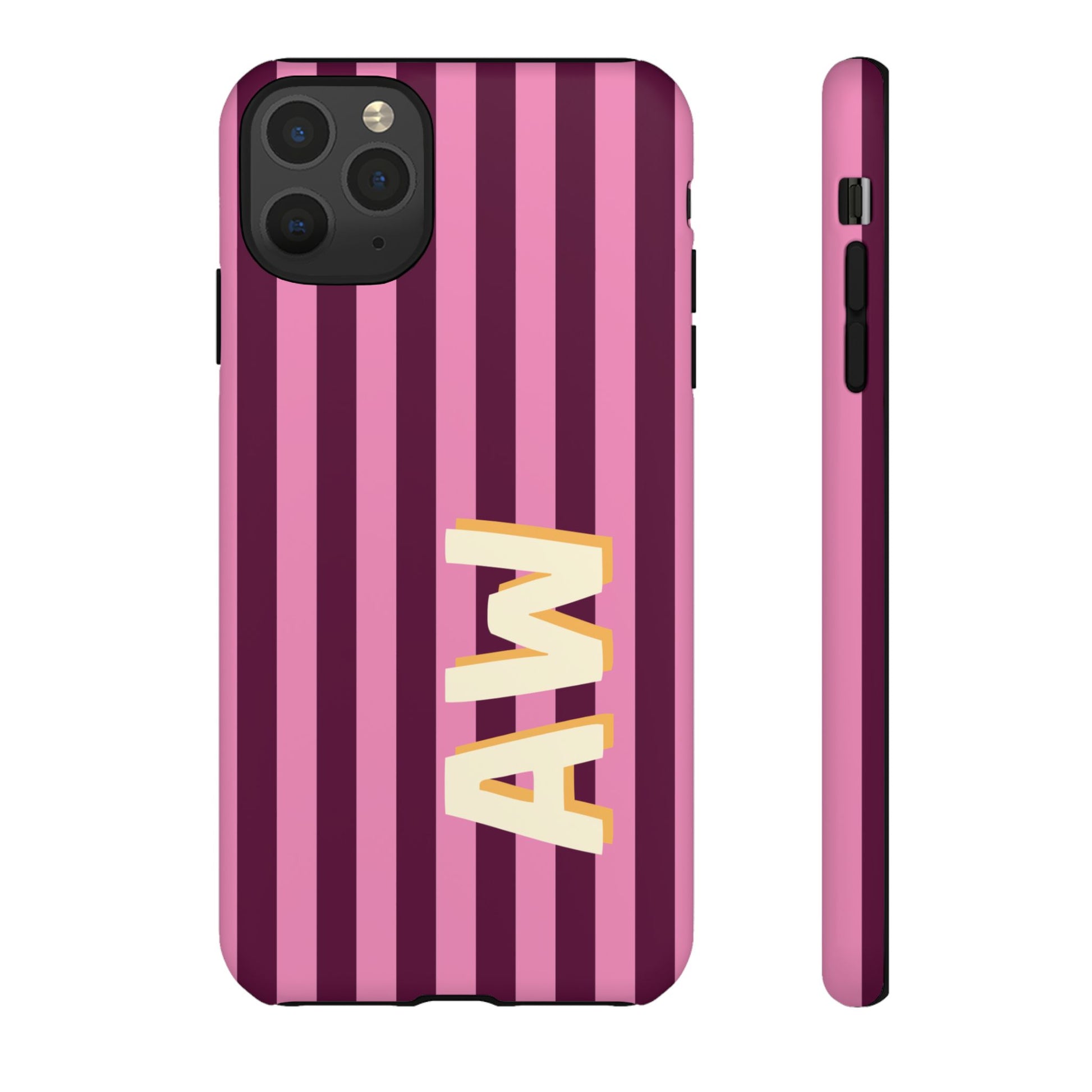 Tough phone case with retro pink stripe print and cream monogram