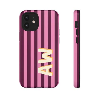 Cream initials on bold pink and burgundy stripes, tough phone case
