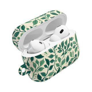 Botanical Leaf AirPods case open with earbuds inside