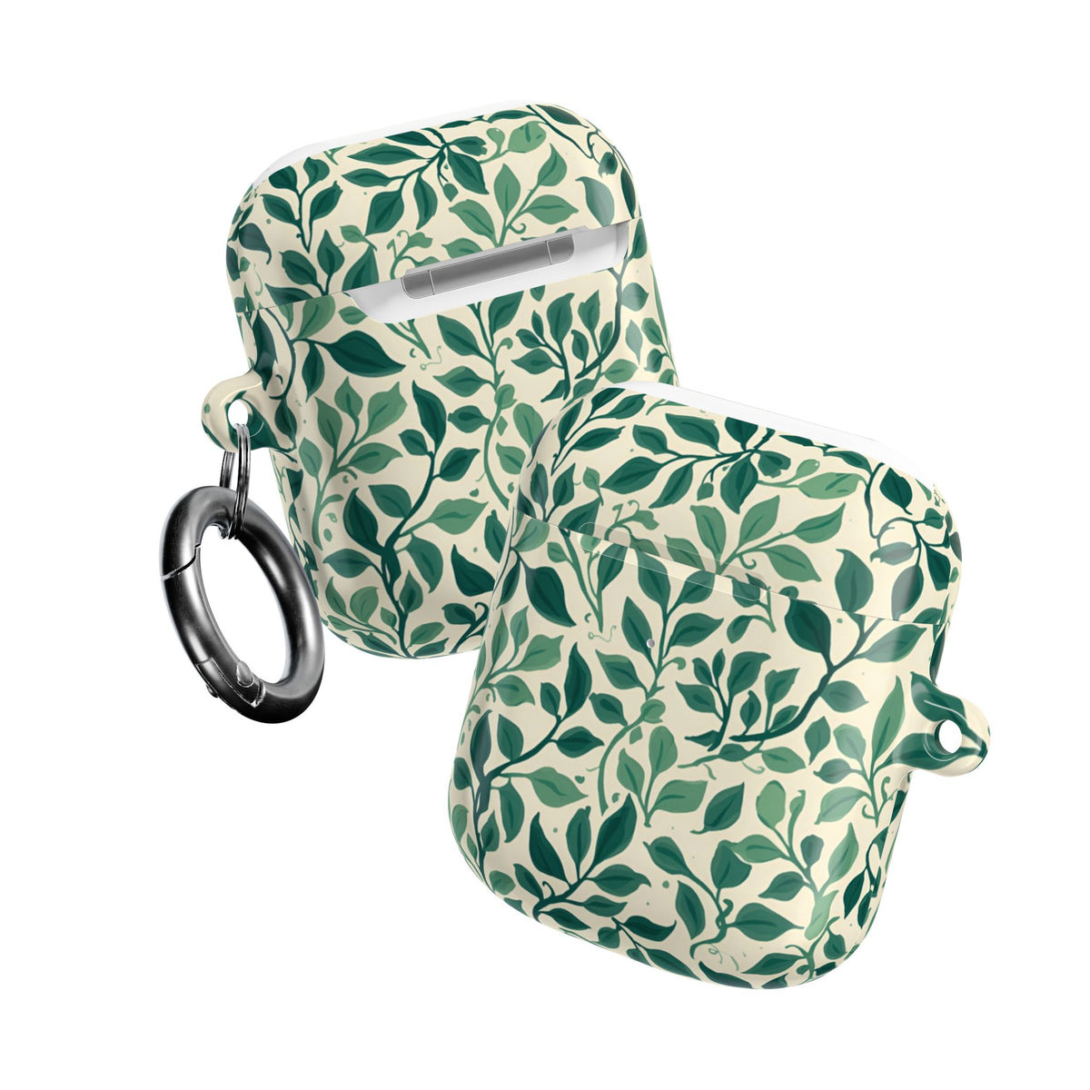 Botanical Leaf AirPods case with carabiner clip, open and closed