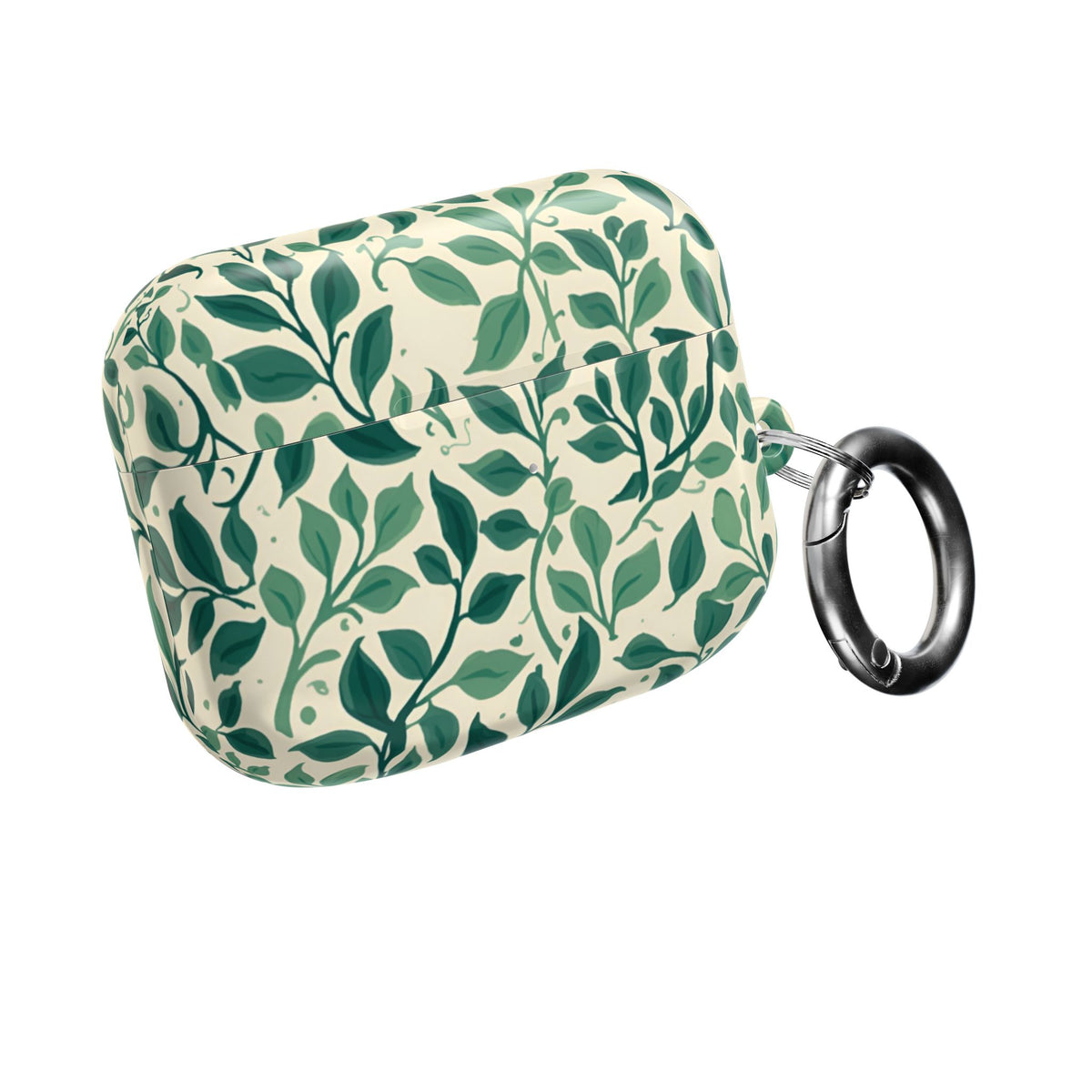 Botanical Leaf AirPods case closed, green vine print on cream