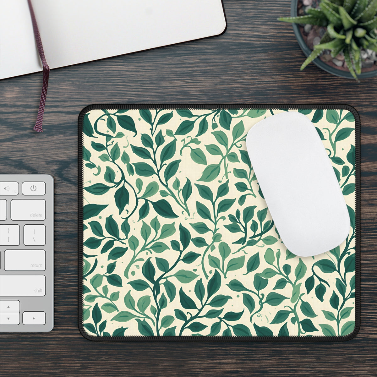 Botanical Leaf mouse mat on a desk beside a keyboard and white mouse