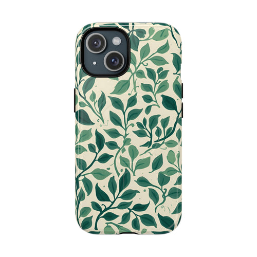 Botanical Leaf tough magnetic phone case back view with green vine print