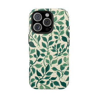 Botanical Leaf tough phone case back view with green vine print
