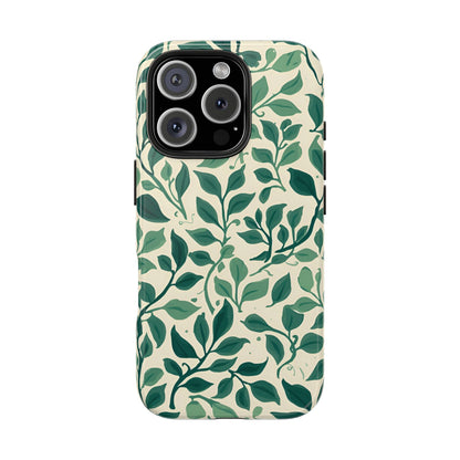 Botanical Leaf tough phone case back view with green vine print