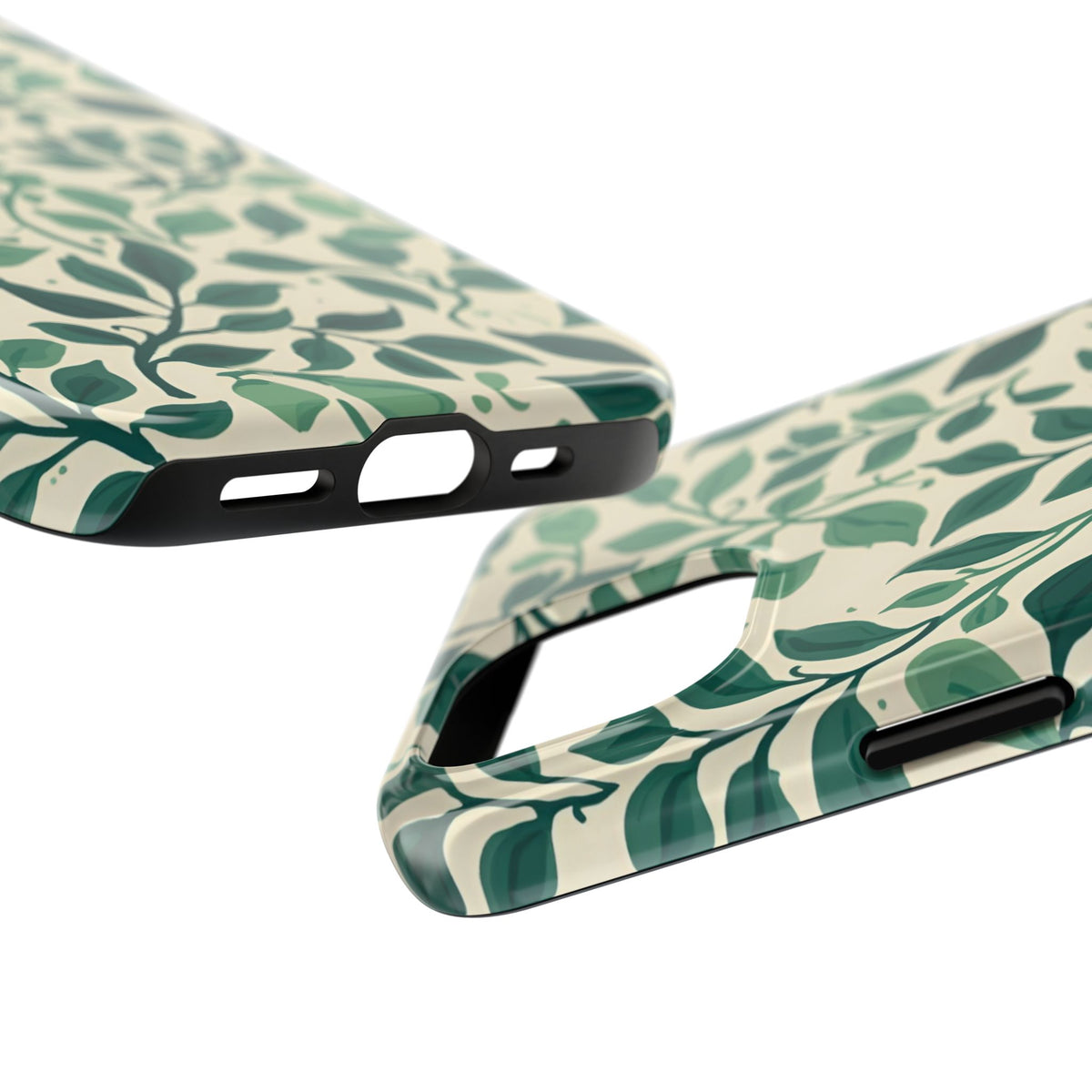 Close-up of the edges and ports on the Botanical Leaf tough phone case