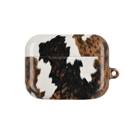 Brown Cow Print AirPods case front view with gold carabiner