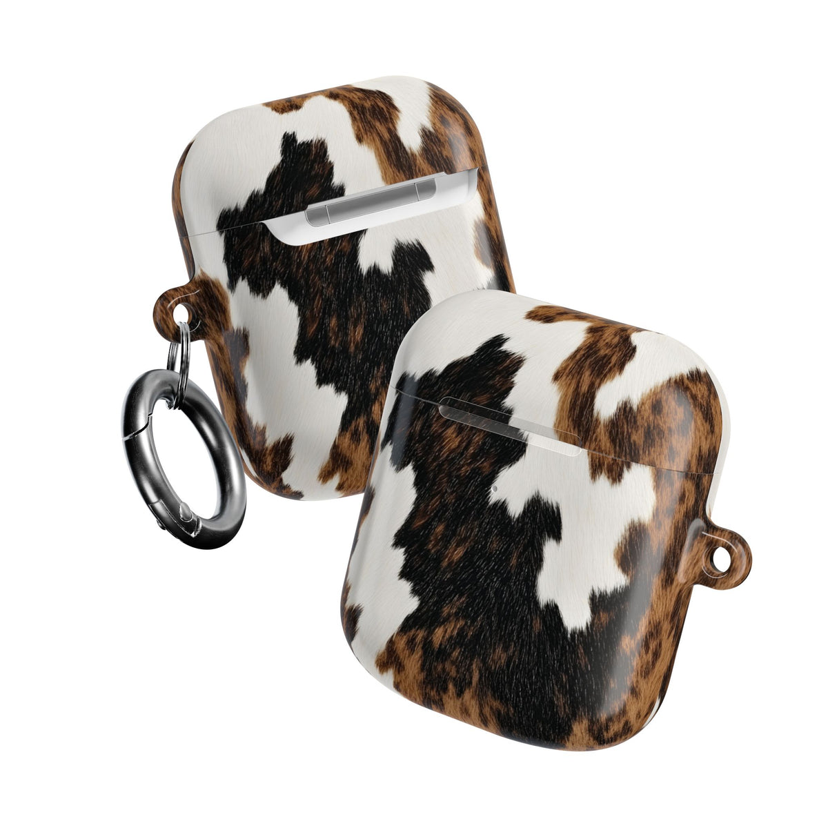 Two Brown Cow Print AirPods cases showing front and back