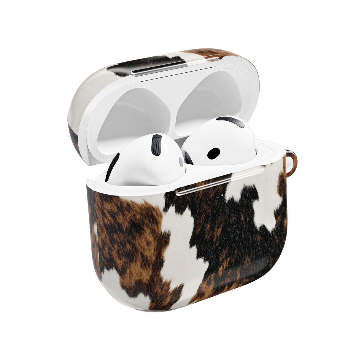 Brown Cow Print AirPods case open with AirPods inside