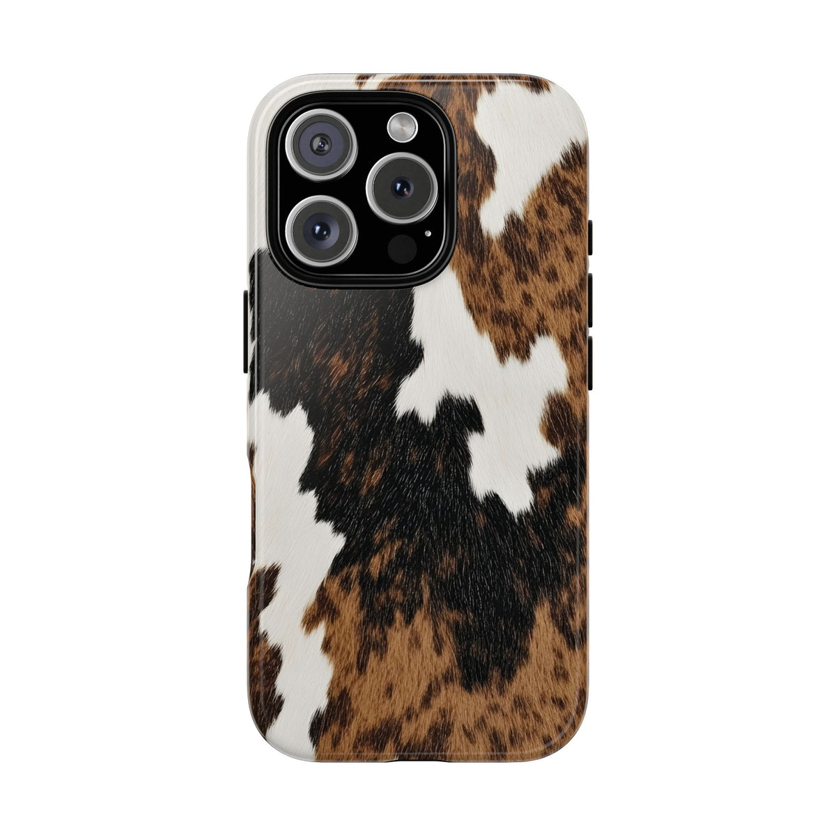 Brown Cow Print tough phone case back view with brown and black cowhide patches