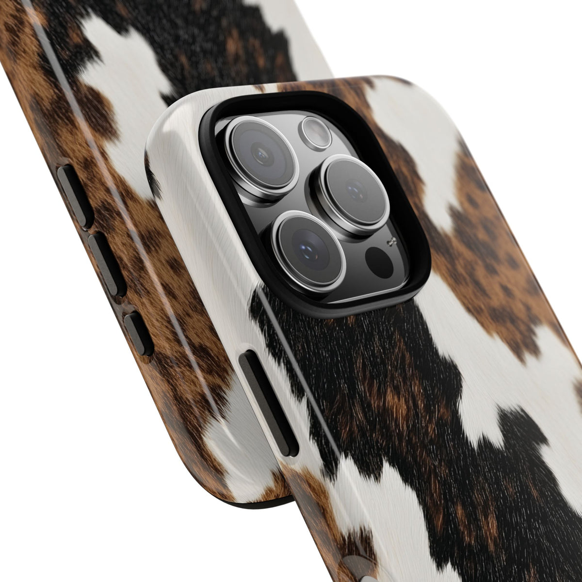 Close-up of the camera cutout on the Brown Cow Print tough phone case