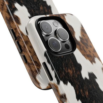 Close-up of the camera cutout on the Brown Cow Print tough phone case