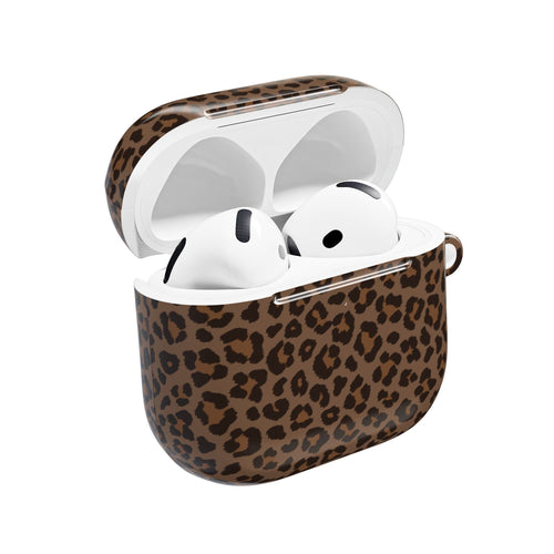 Brown leopard print AirPods case open with AirPods inside