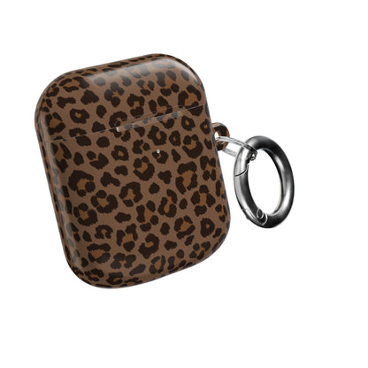 Brown leopard print AirPods case closed, with the carabiner clip