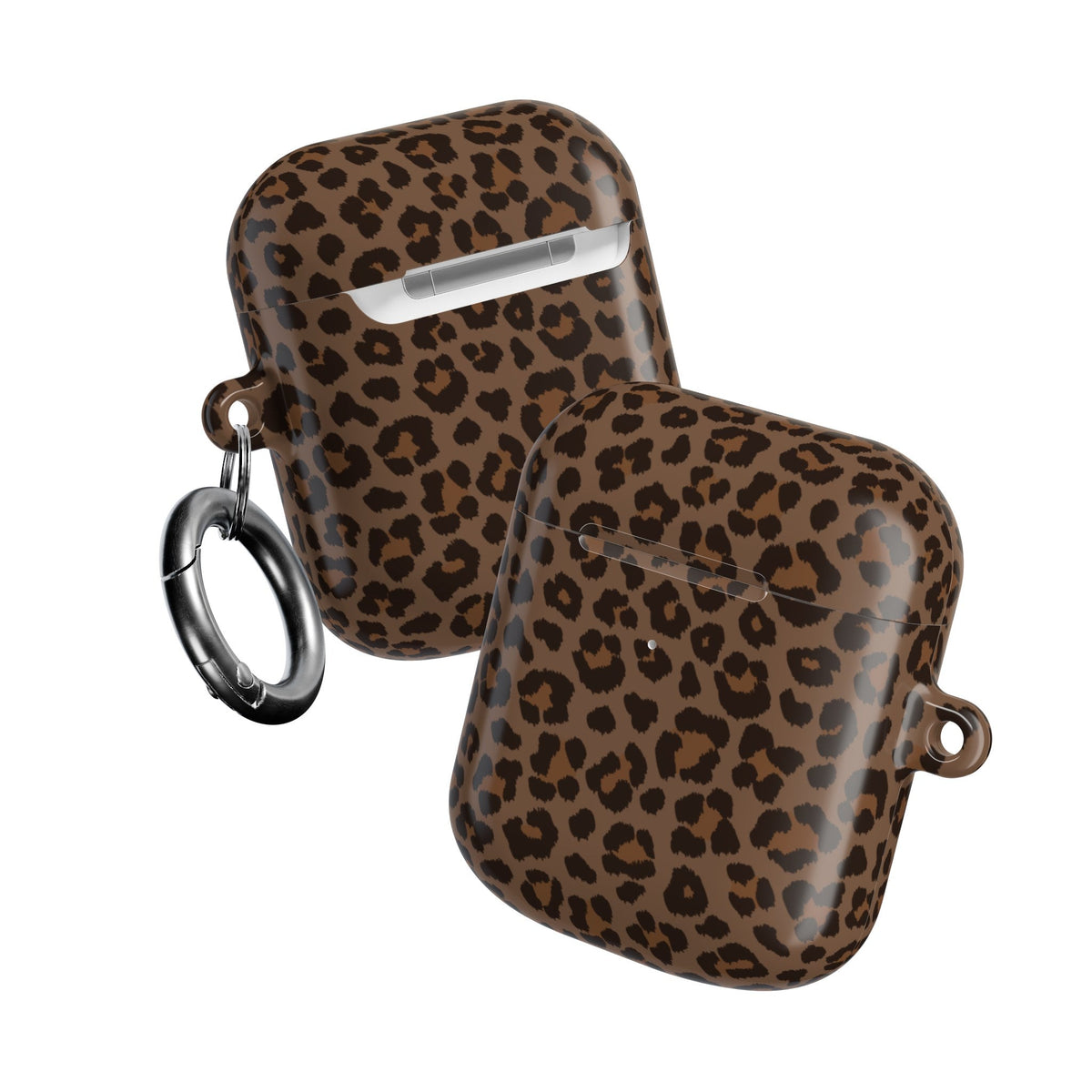 Front and back of the brown leopard print AirPods case with carabiner