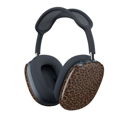 Brown leopard print shells fitted on a pair of AirPods Max headphones