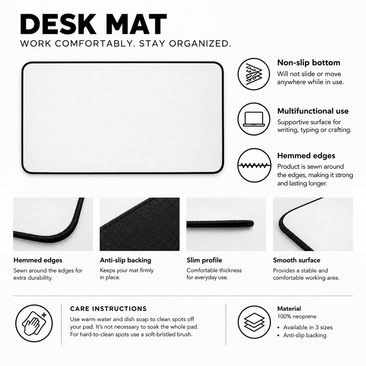 Desk mat size and compatibility information card